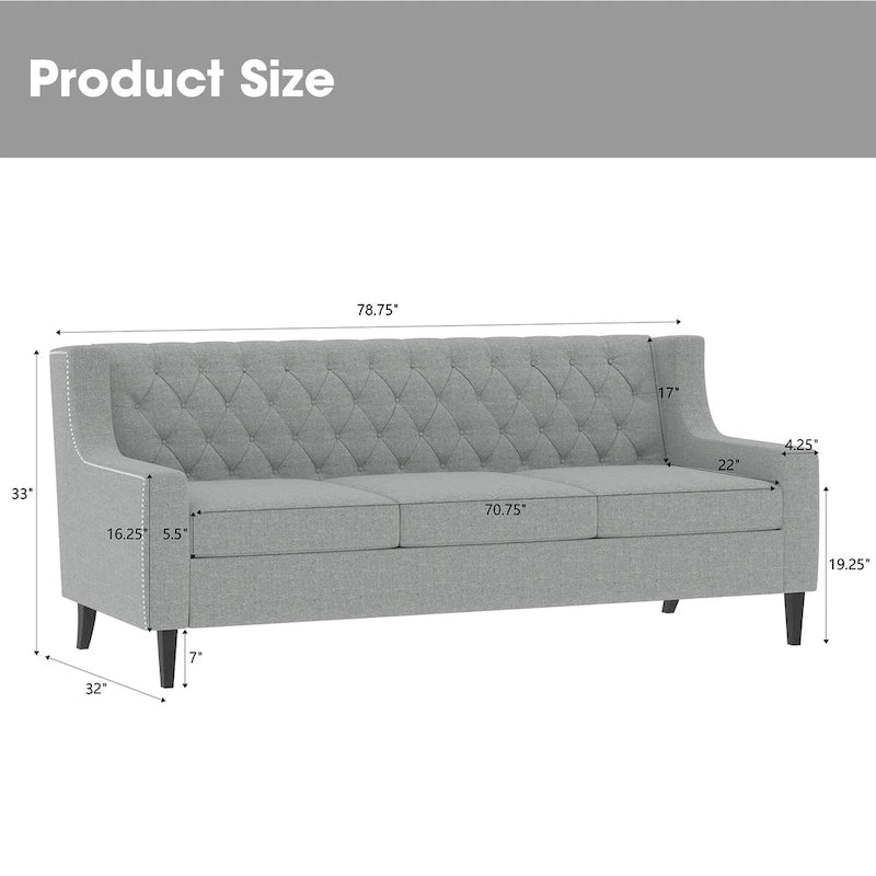 Grey 78.75 Polyester 3-Seater Sofa with Tufted Back and Cushions
