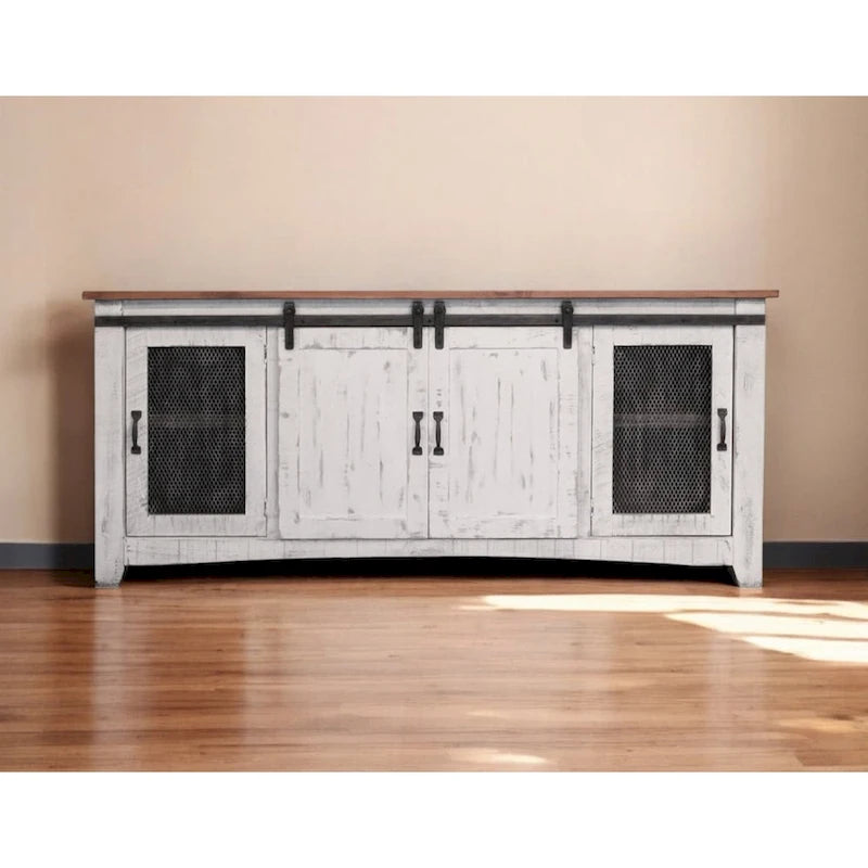 HomeRoots 79 White Solid Wood Cabinet Enclosed Storage Distressed TV Stand - 78.75' X '34.75' X '19