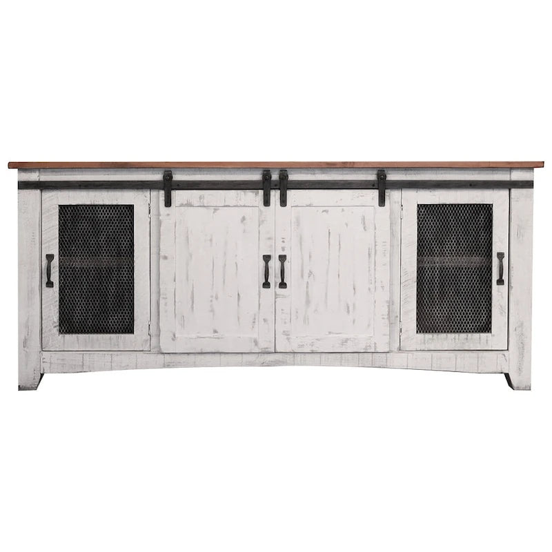 HomeRoots 79 White Solid Wood Cabinet Enclosed Storage Distressed TV Stand - 78.75' X '34.75' X '19