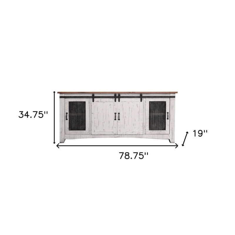 HomeRoots 79 White Solid Wood Cabinet Enclosed Storage Distressed TV Stand - 78.75' X '34.75' X '19