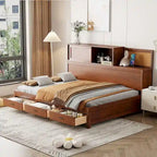 Full Size Wooden Daybed with 3 Storage Drawers, USB Ports, Pushable Shelf, Walnut