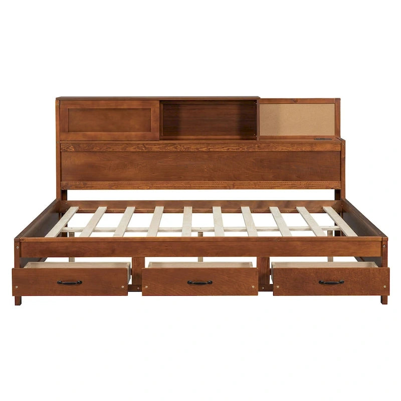 Full Size Wooden Daybed with 3 Storage Drawers, USB Ports, Pushable Shelf, Walnut