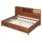 Full Size Wooden Daybed with 3 Storage Drawers, USB Ports, Pushable Shelf, Walnut