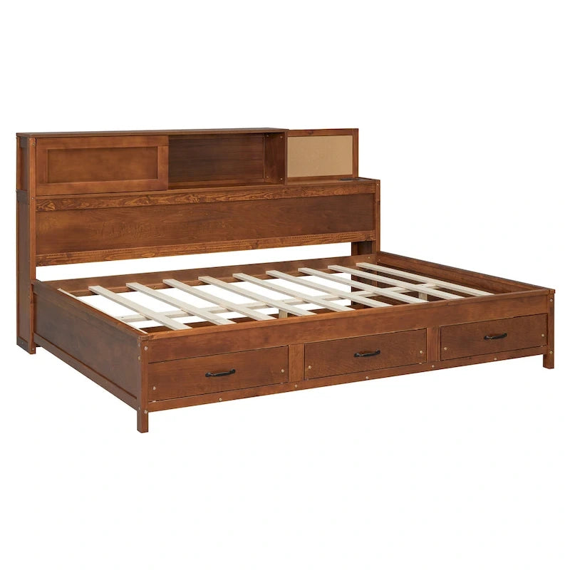 Full Size Wooden Daybed with 3 Storage Drawers, USB Ports, Pushable Shelf, Walnut