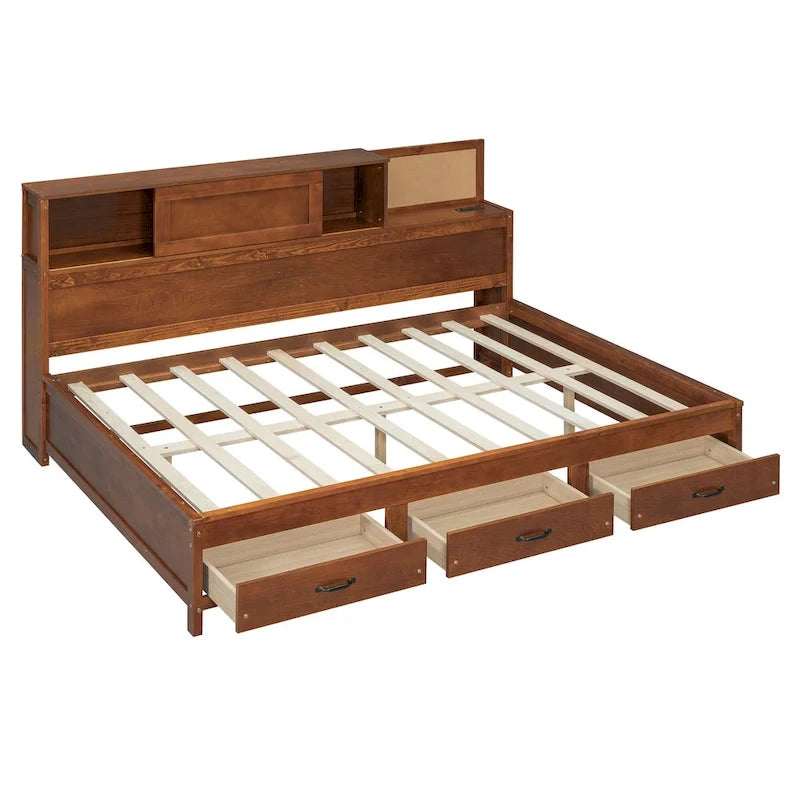 Full Size Wooden Daybed with 3 Storage Drawers, USB Ports, Pushable Shelf, Walnut