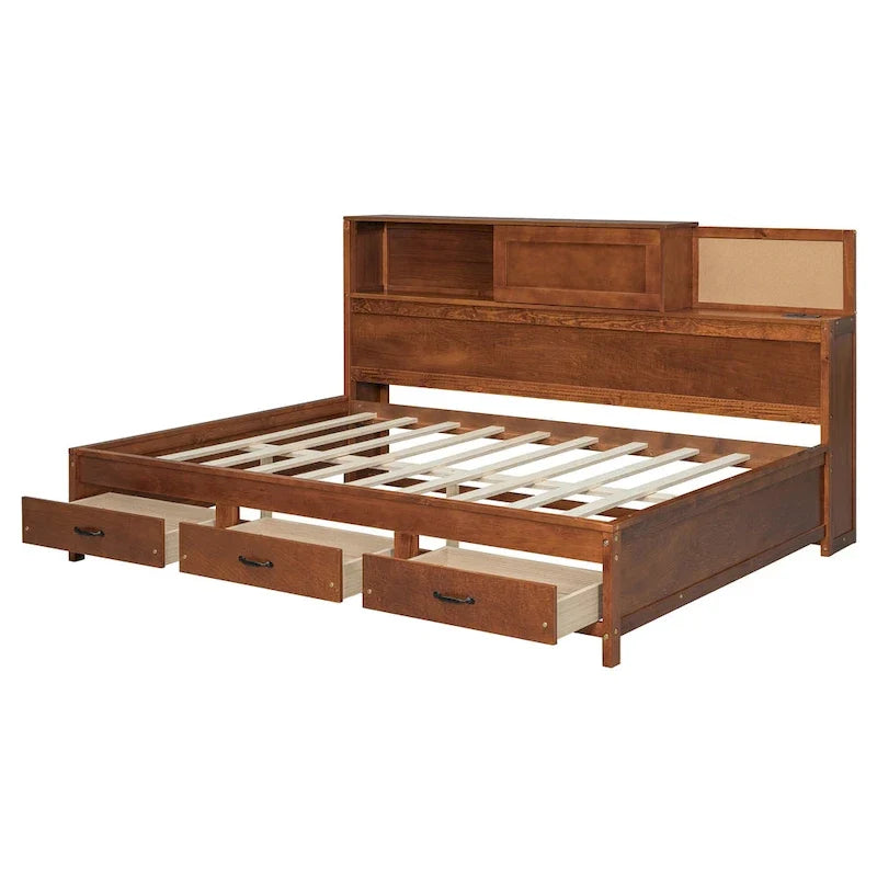 Full Size Wooden Daybed with 3 Storage Drawers, USB Ports, Pushable Shelf, Walnut