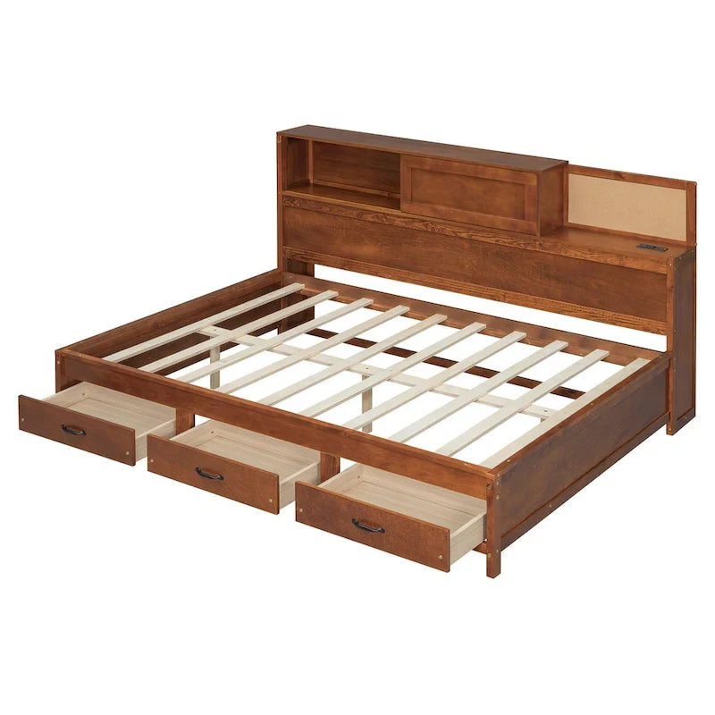 Full Size Wooden Daybed with 3 Storage Drawers, USB Ports, Pushable Shelf, Walnut