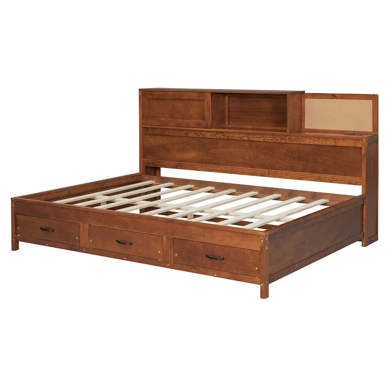 Full Size Wooden Daybed with 3 Storage Drawers, USB Ports, Pushable Shelf, Walnut
