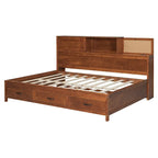 Full Size Wooden Daybed with 3 Storage Drawers, USB Ports, Pushable Shelf, Walnut