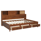 Full Size Wooden Daybed with 3 Storage Drawers, USB Ports, Pushable Shelf, Walnut