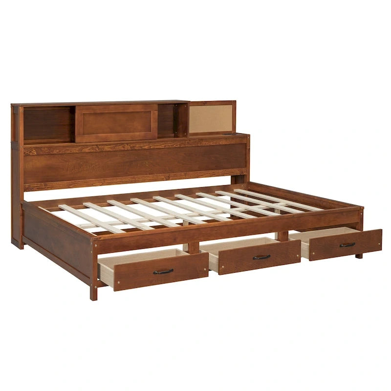 Full Size Wooden Daybed with 3 Storage Drawers, USB Ports, Pushable Shelf, Walnut