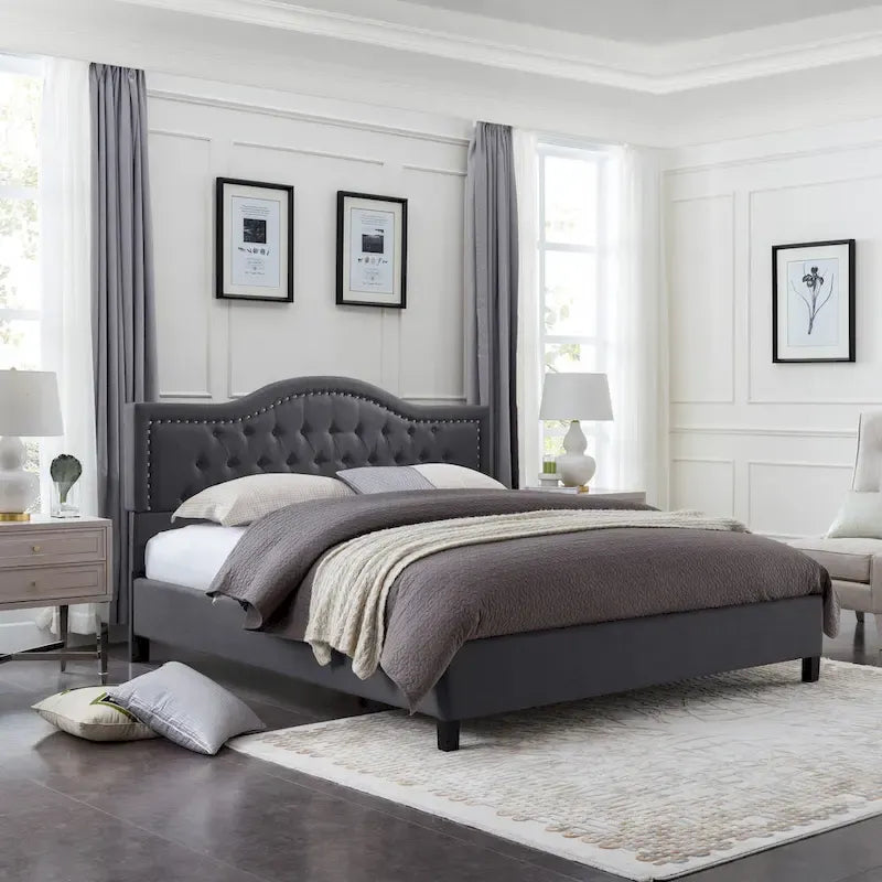 Button Tufted Platform Bed Frame King Size Upholstered Bed