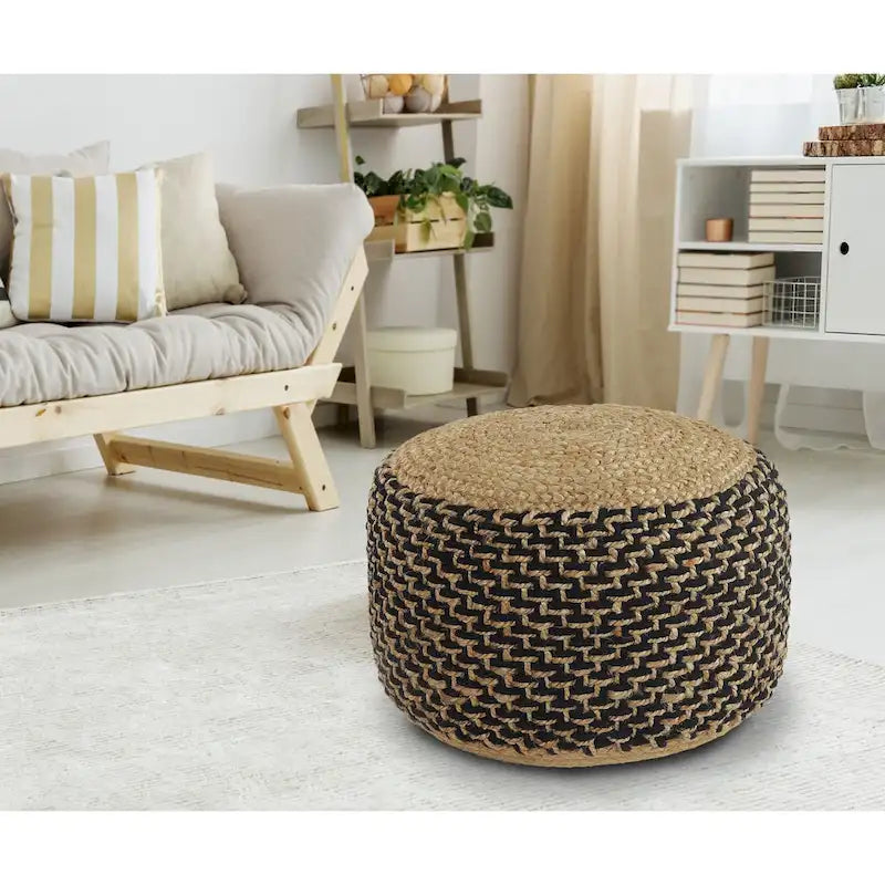 18 Brown and Black Braided Round Pouf Ottoman