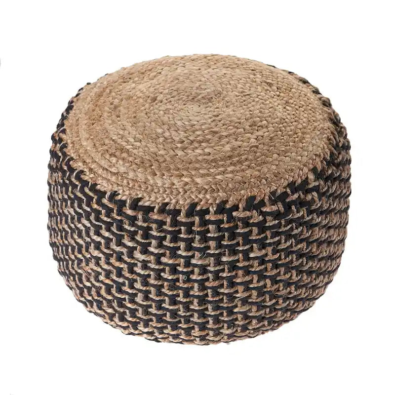 18 Brown and Black Braided Round Pouf Ottoman