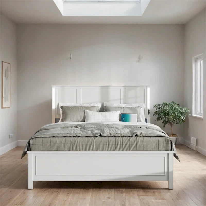 Queen Size LED Platform Bed with Wood Headboard and Charging Station