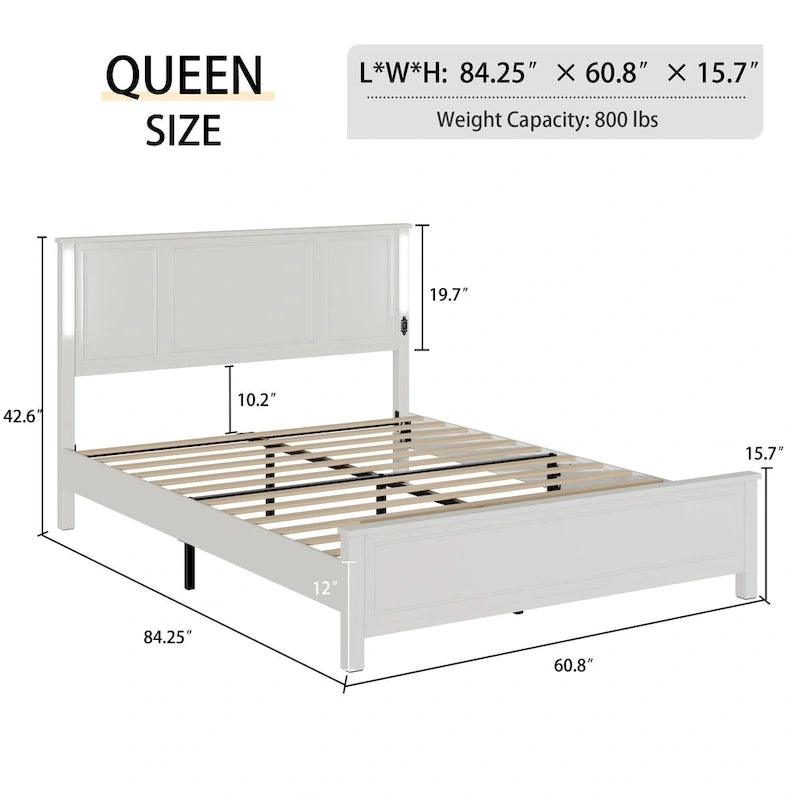 Queen Size LED Platform Bed with Wood Headboard and Charging Station