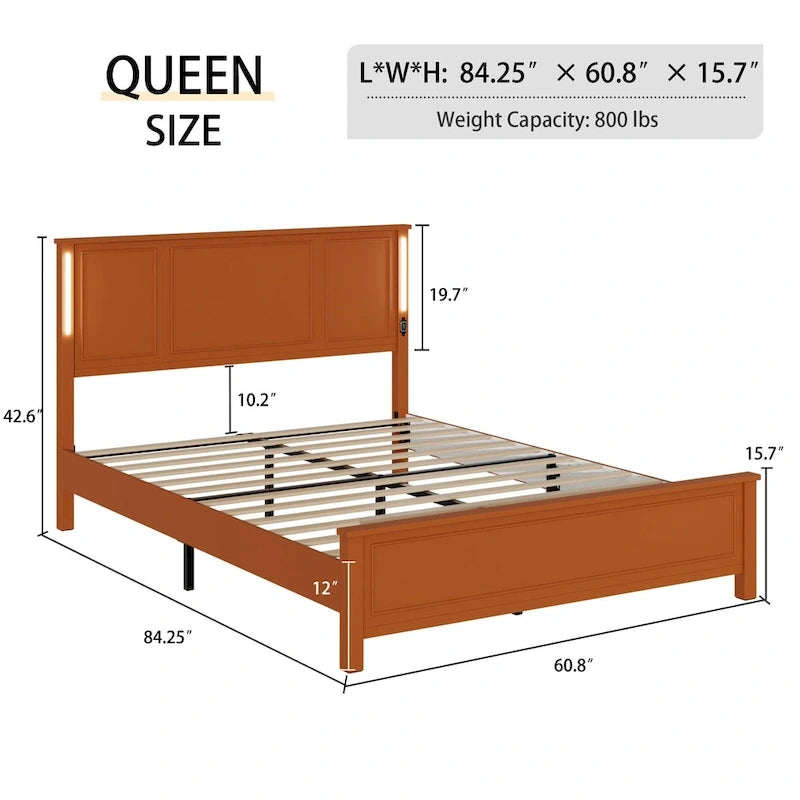 Queen Size LED Platform Bed with Wood Headboard and Charging Station