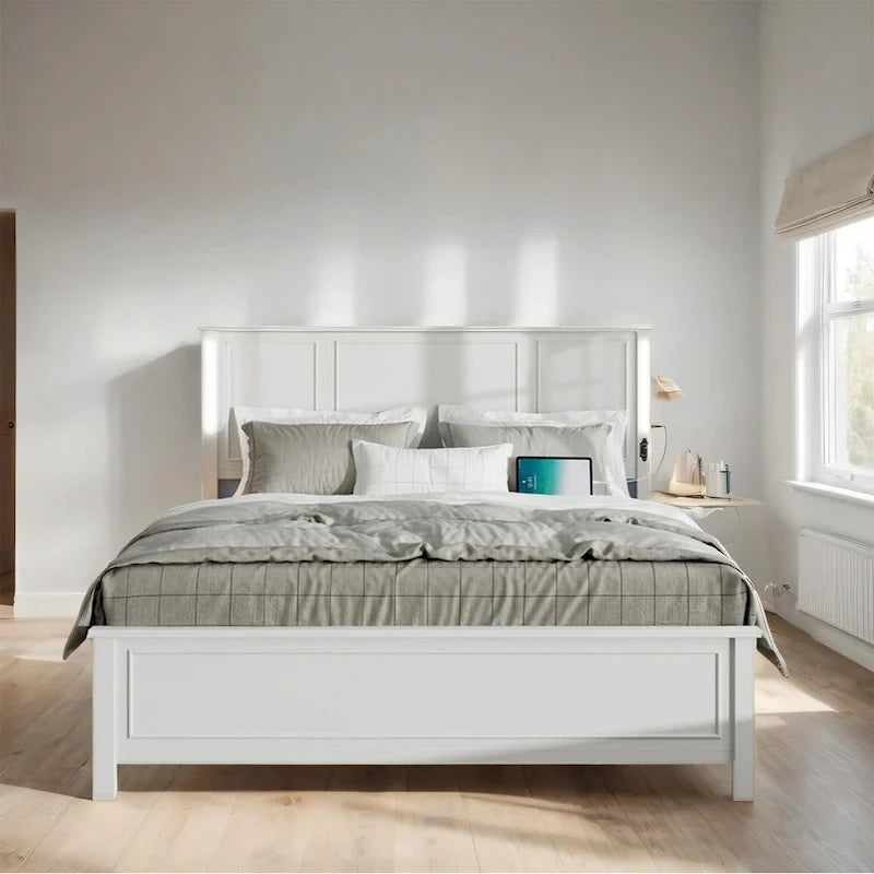 Queen Size LED Platform Bed with Wood Headboard and Charging Station
