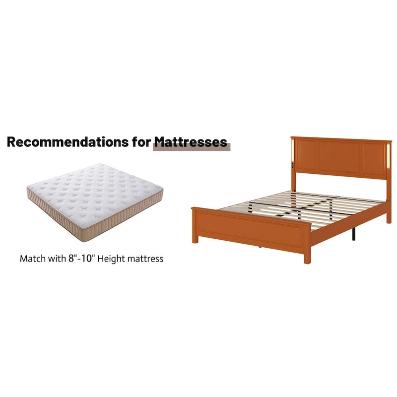 Queen Size LED Platform Bed with Wood Headboard and Charging Station