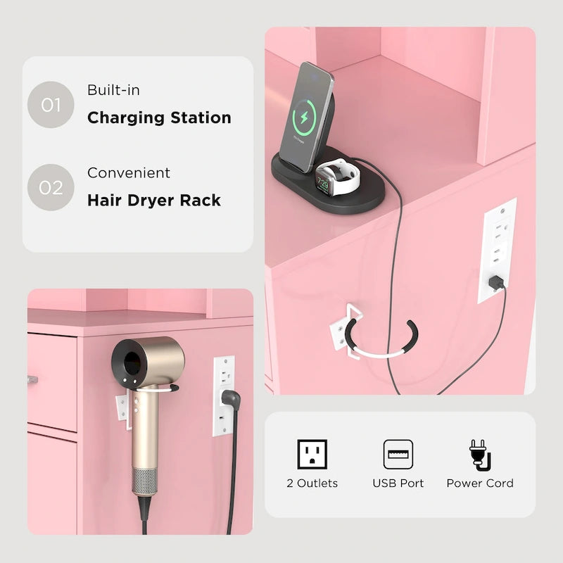 Roundhill Furniture Lavin Makeup Vanity Set, LED Light Mirror and Charging Station