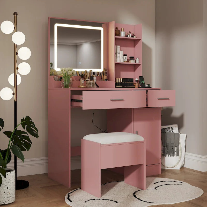 Roundhill Furniture Lavin Makeup Vanity Set, LED Light Mirror and Charging Station