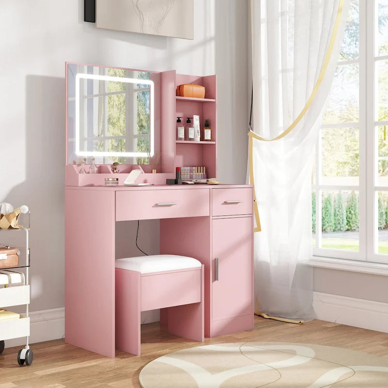 Roundhill Furniture Lavin Makeup Vanity Set, LED Light Mirror and Charging Station