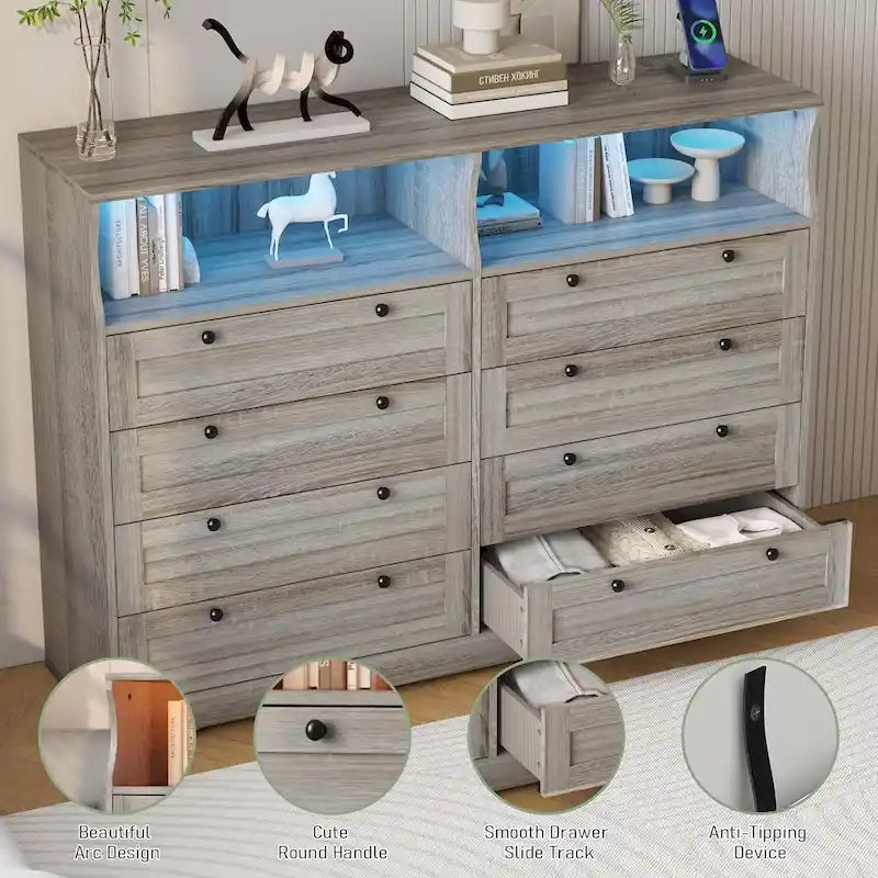 Modern Wood Dresser with 8 Drawers, Bedroom Dresser with Charging Station & LED Lights