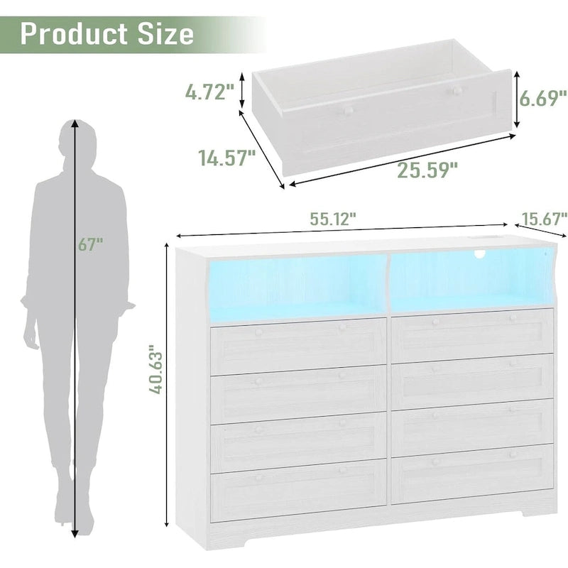 Modern Wood Dresser with 8 Drawers, Bedroom Dresser with Charging Station & LED Lights