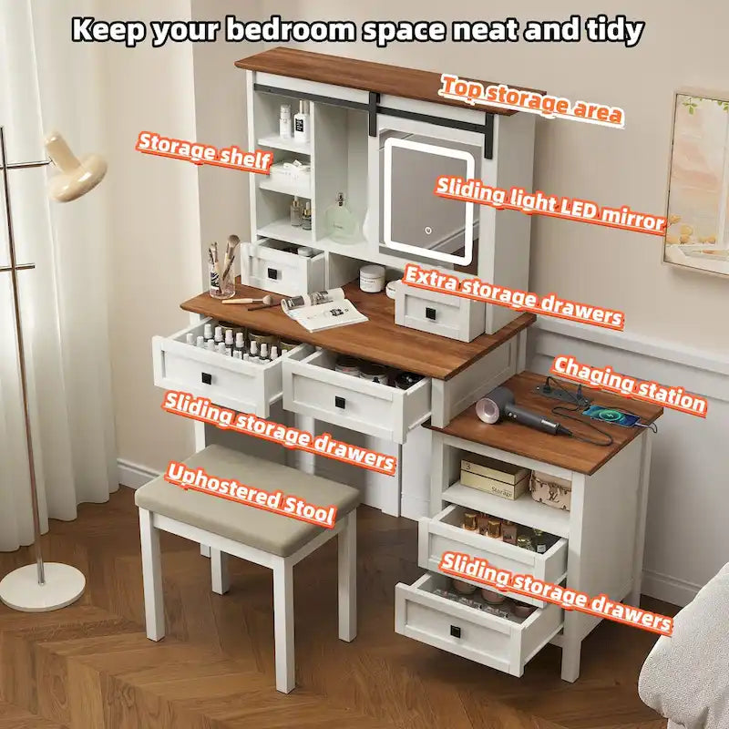 46.5 Farmhouse Makeup Vanity Desk with Adjustible LED Lighted Mirror and Charging Station for Bedroom