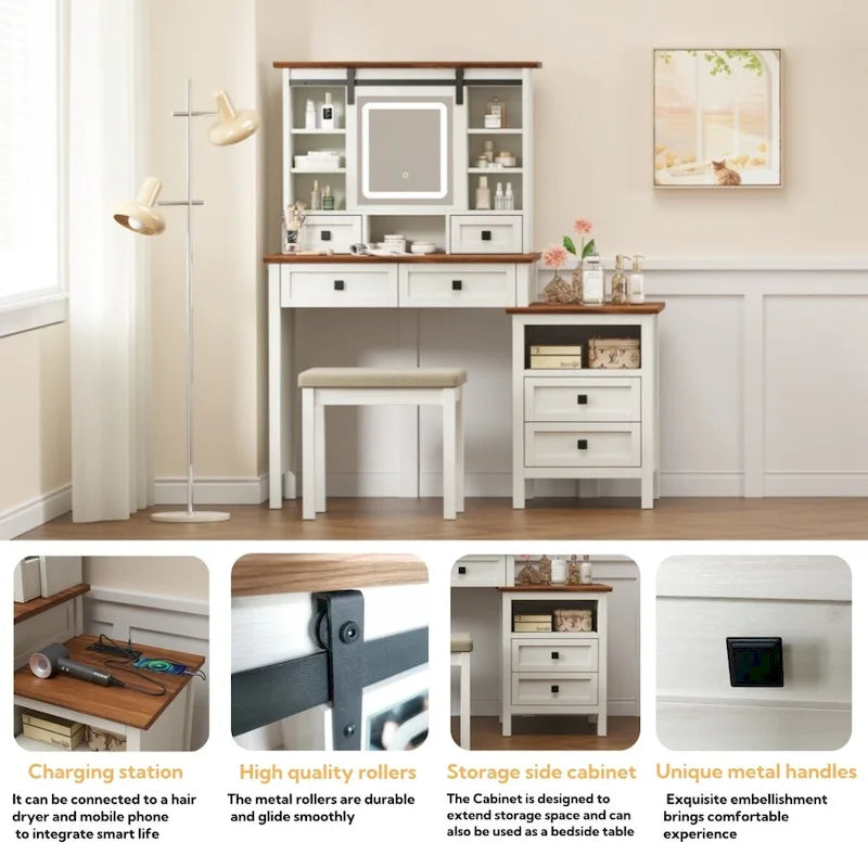 46.5 Farmhouse Makeup Vanity Desk with Adjustible LED Lighted Mirror and Charging Station for Bedroom