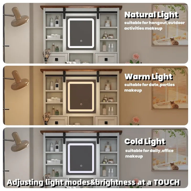46.5 Farmhouse Makeup Vanity Desk with Adjustible LED Lighted Mirror and Charging Station for Bedroom