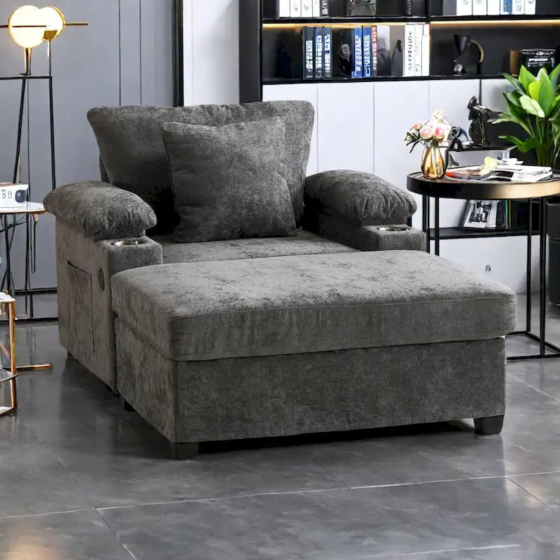 Chenille Oversized Accent Chair with Ottoman, USB Charging Ports and Convertible Sofa Bed Design