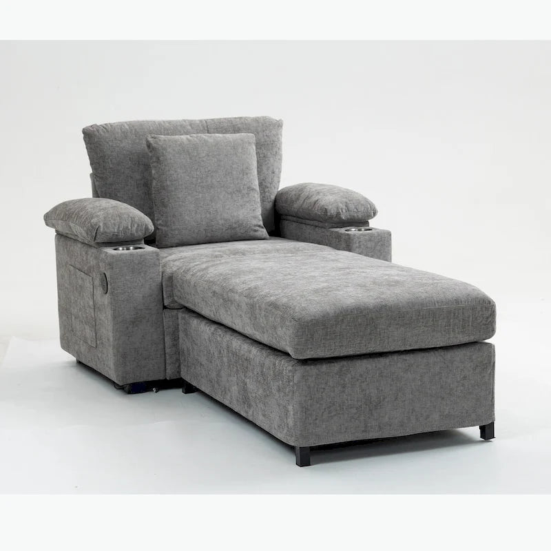 Chenille Oversized Accent Chair with Ottoman, USB Charging Ports and Convertible Sofa Bed Design