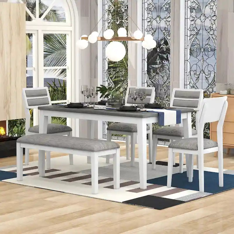 6-Piece Wooden Dining Table Set with 4 Chairs & Bench