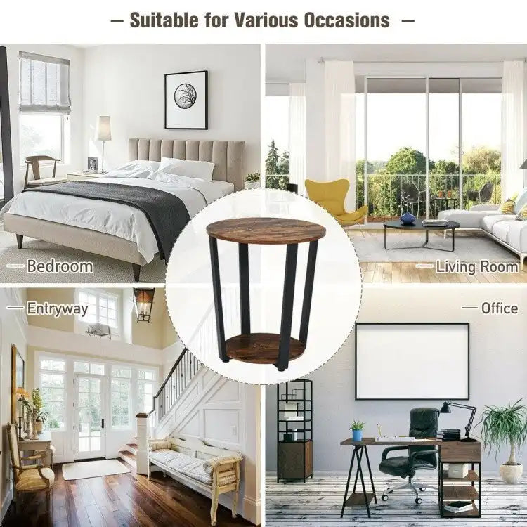 2-Tier Round End Table with Storage Shelf and Metal Frame