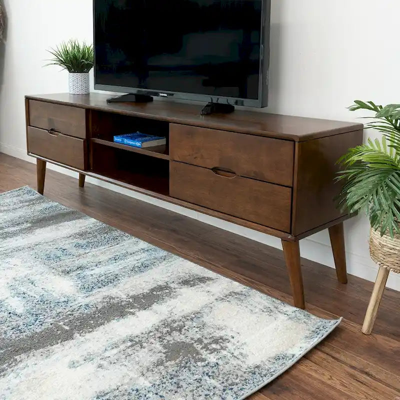 Bruno Mid Century Modern Walnut TV Console w/6 Storage Cabinet, Low Profile Entertainment Wood TV Stand