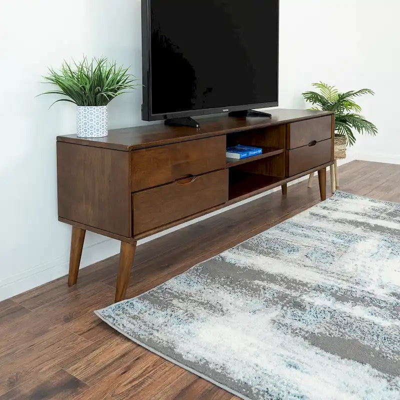Bruno Mid Century Modern Walnut TV Console w/6 Storage Cabinet, Low Profile Entertainment Wood TV Stand