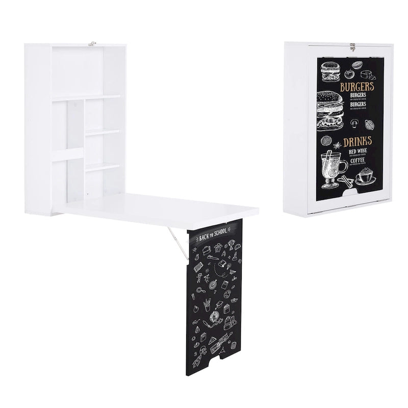 Wall Mounted Foldable Desk: Blackboard, Book Storage - Space Saving