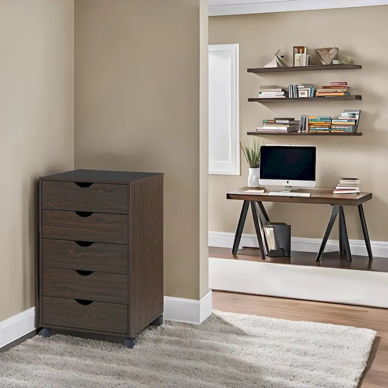 Portable Wooden 5-Drawer Cabinet with 360 Wheels, Easy Pullout Design, and Extra Top Storage