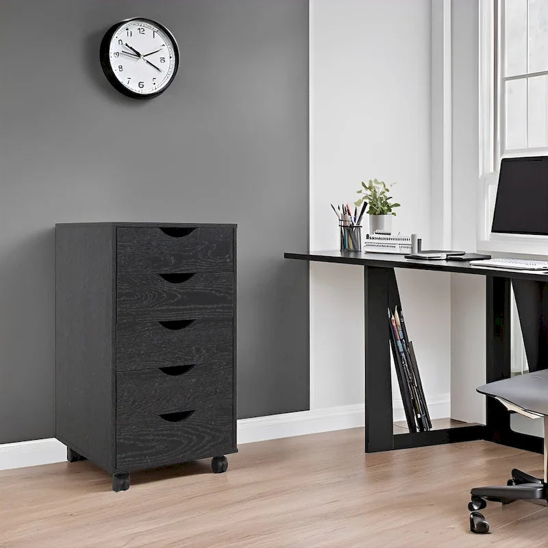 Portable Wooden 5-Drawer Cabinet with 360 Wheels, Easy Pullout Design, and Extra Top Storage
