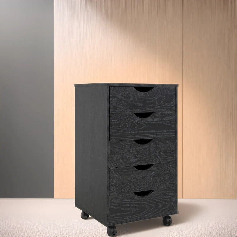 Portable Wooden 5-Drawer Cabinet with 360 Wheels, Easy Pullout Design, and Extra Top Storage