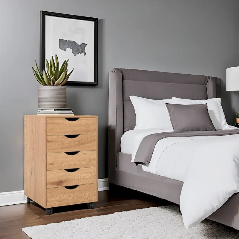 Portable Wooden 5-Drawer Cabinet with 360 Wheels, Easy Pullout Design, and Extra Top Storage