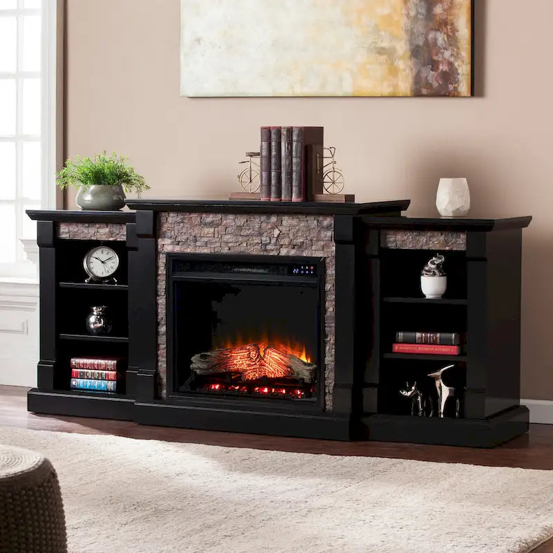 Hay River Black Electric Fireplace with Bookcases