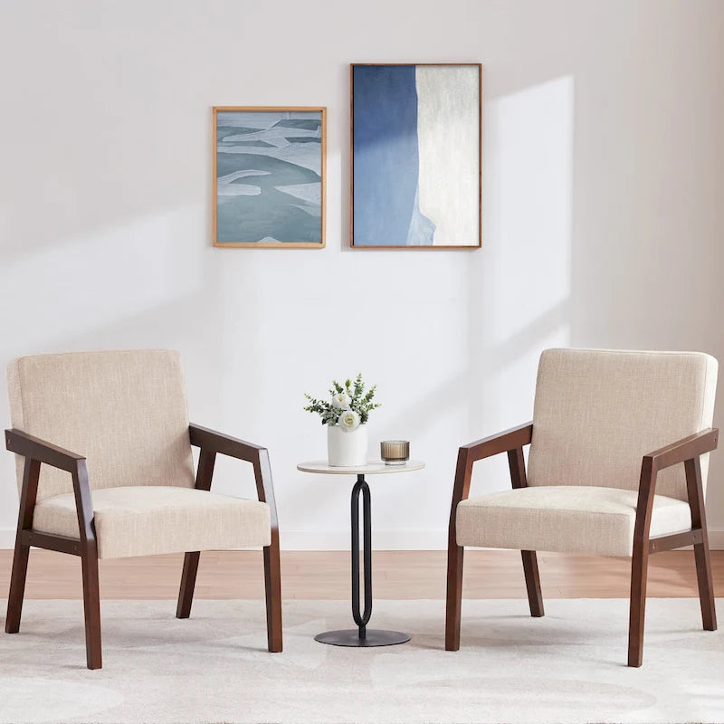 HUIMO Set of 2 Accent Armchair Solid Wooden Brownness/ White/ Blue Upholstered Mid-Century Modern Accent Chair for Living Room