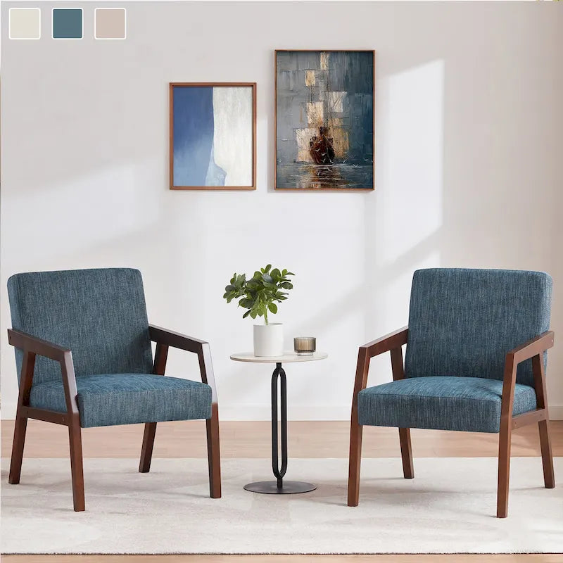HUIMO Set of 2 Accent Armchair Solid Wooden Brownness/ White/ Blue Upholstered Mid-Century Modern Accent Chair for Living Room