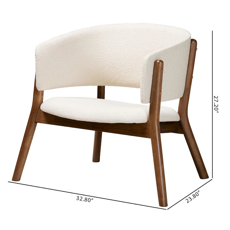Baron Mid-Century Modern Cream Boucle Fabric Upholstered and Walnut Brown Finished Wood 2-Piece Living Room Accent Chair Set