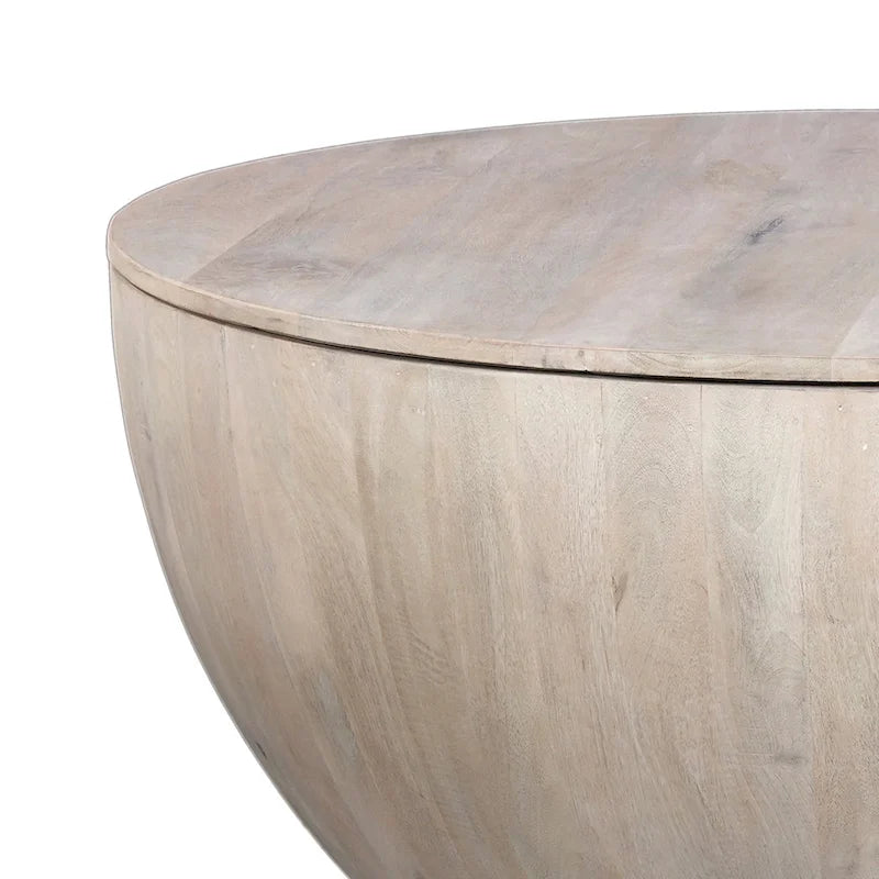 37 Inch Round Coffee Table, Handcrafted Drum Shape with Storage, Washed White Mango Wood