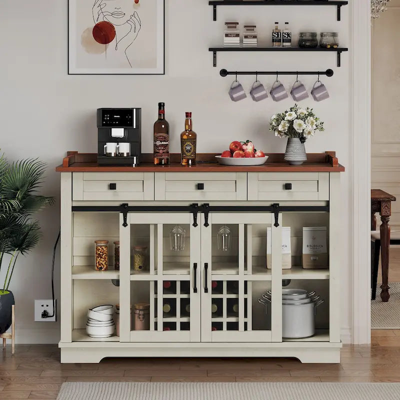 Moasis Sliding Barn Door Wine Bottle Storage with USB Ports and Outlets