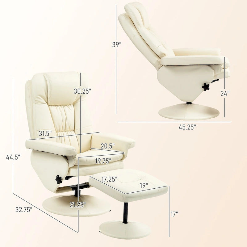 Swivel Recliner with Ottoman, PU Leather and Footrest with Wrapped Base, Cream White