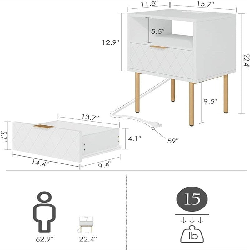 Nightstand with Charging Station - 11.81D x 15.75W x 22.05H